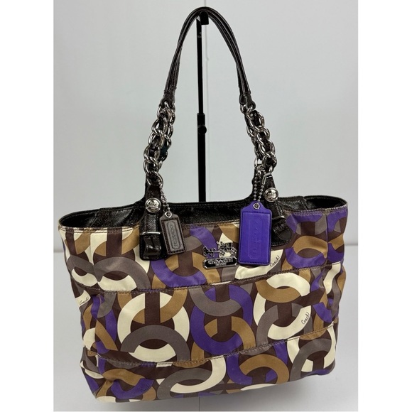 Coach Madison Ivory Brown & Purple Chainlink Signature Tote Purse - Picture 1 of 15